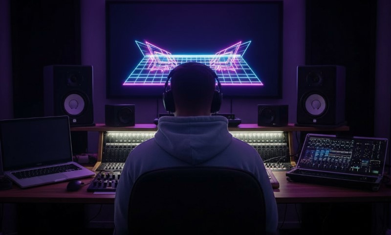 Man producing synthwave music in a studio