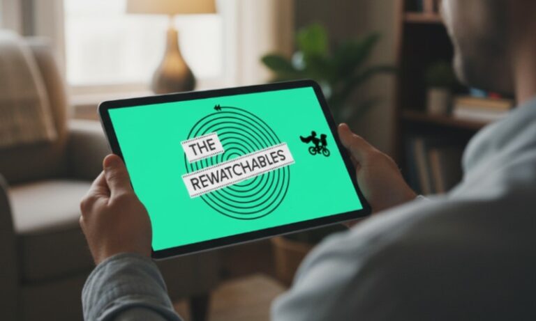 A person holds a tablet displaying "The Rewatchables" on a green background with concentric circles
