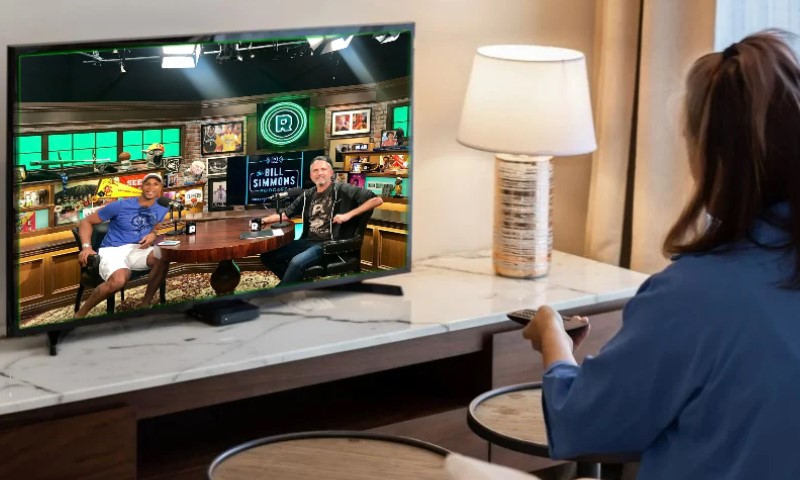 A woman in blue watches a talk show featuring two men on a TV screen in a cozy room
