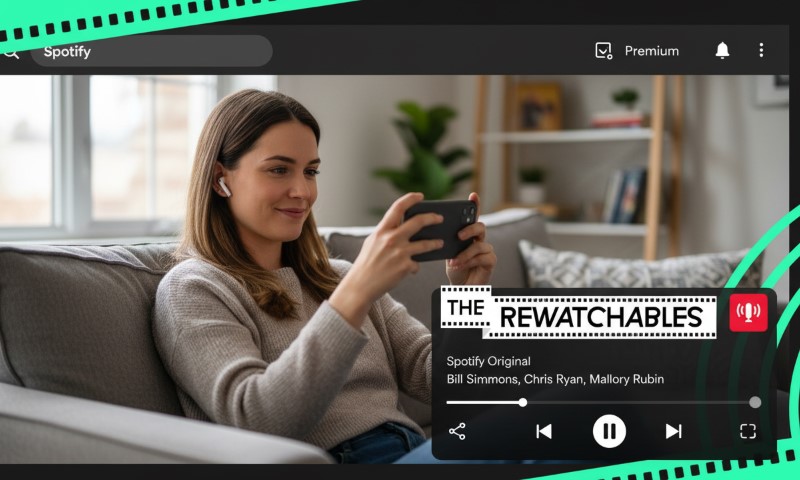 A woman sits on a gray couch wearing earbuds, smiling as she watches something on her phone